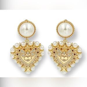 Gold Pearl Heart Drop Earrings - Elegant Women's Jewelry